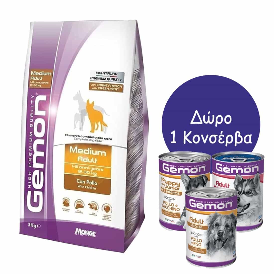 55070006-00 Gemon Dog Adult Medium Chicken 3kg + Δώρο 1 Κονσέρβα Gemon