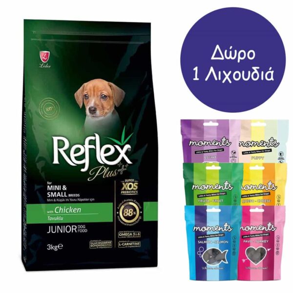 Reflex Plus Mini/Small Junior Chicken 3kg + Δώρο 1 Λιχουδιά Moments