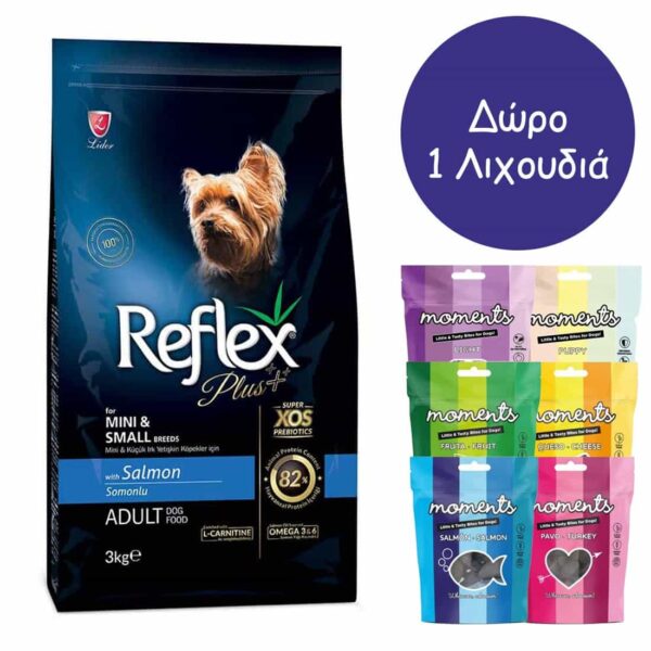 Reflex Plus Mini/Small Adult Salmon 3kg + Δώρο 1 Λιχουδιά Moments